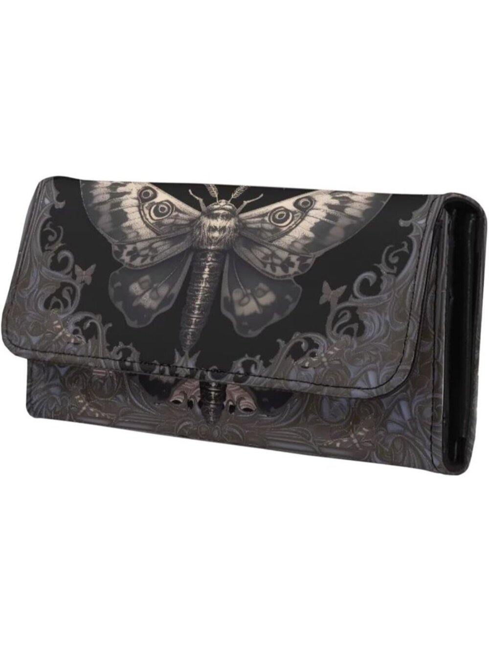 Women's Gothic Floral Moth Purse Black PU Leather Slim Wallet Long Trifold Purse